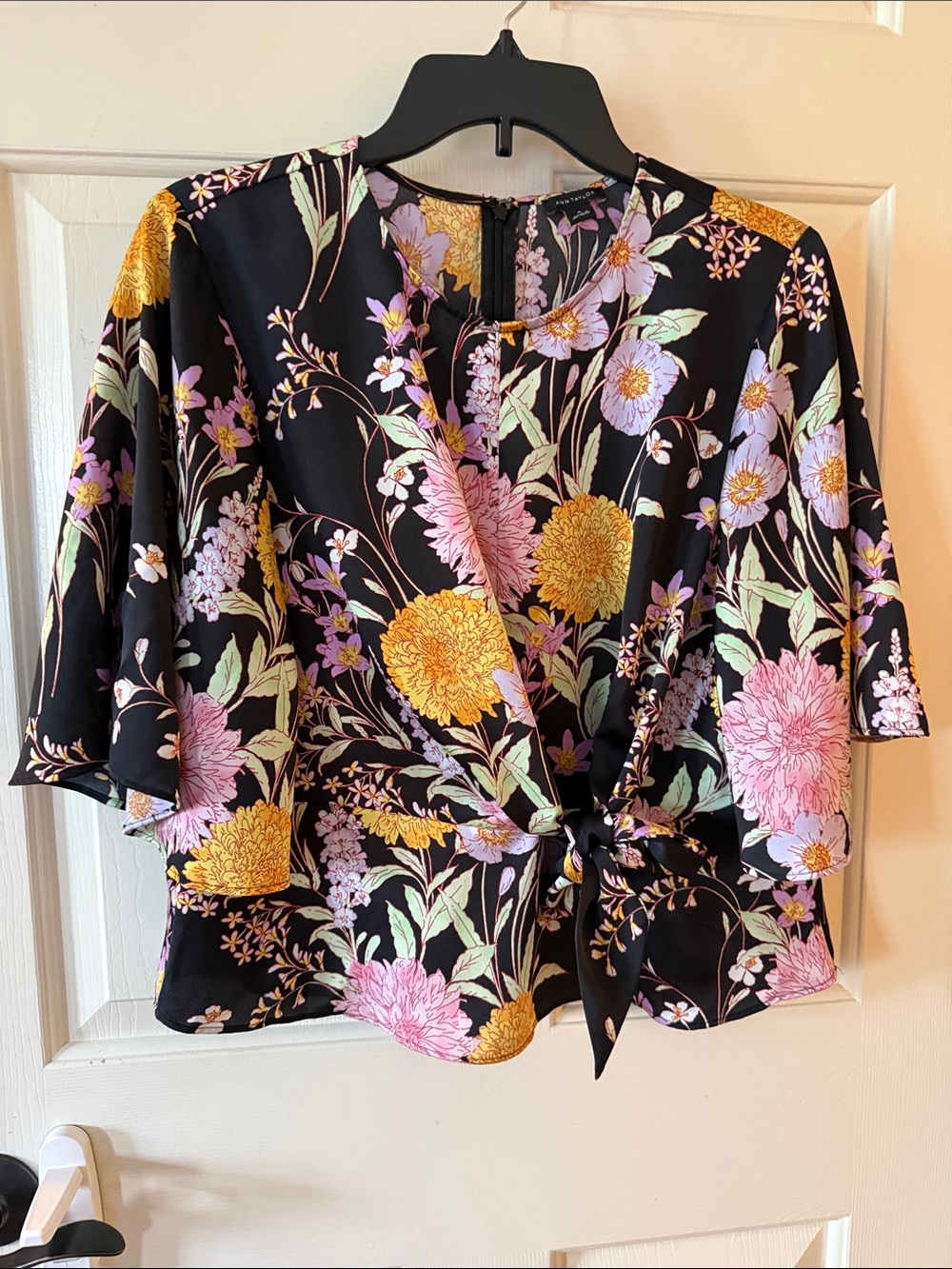 Ann Taylor Black Floral Tie-Waist Blouse with Pink & Yellow Flowers